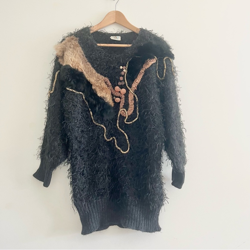 Vintage 80s Madeleine Art to Wear Eyelash Sweater w Fur Rope 3D Textures S-M